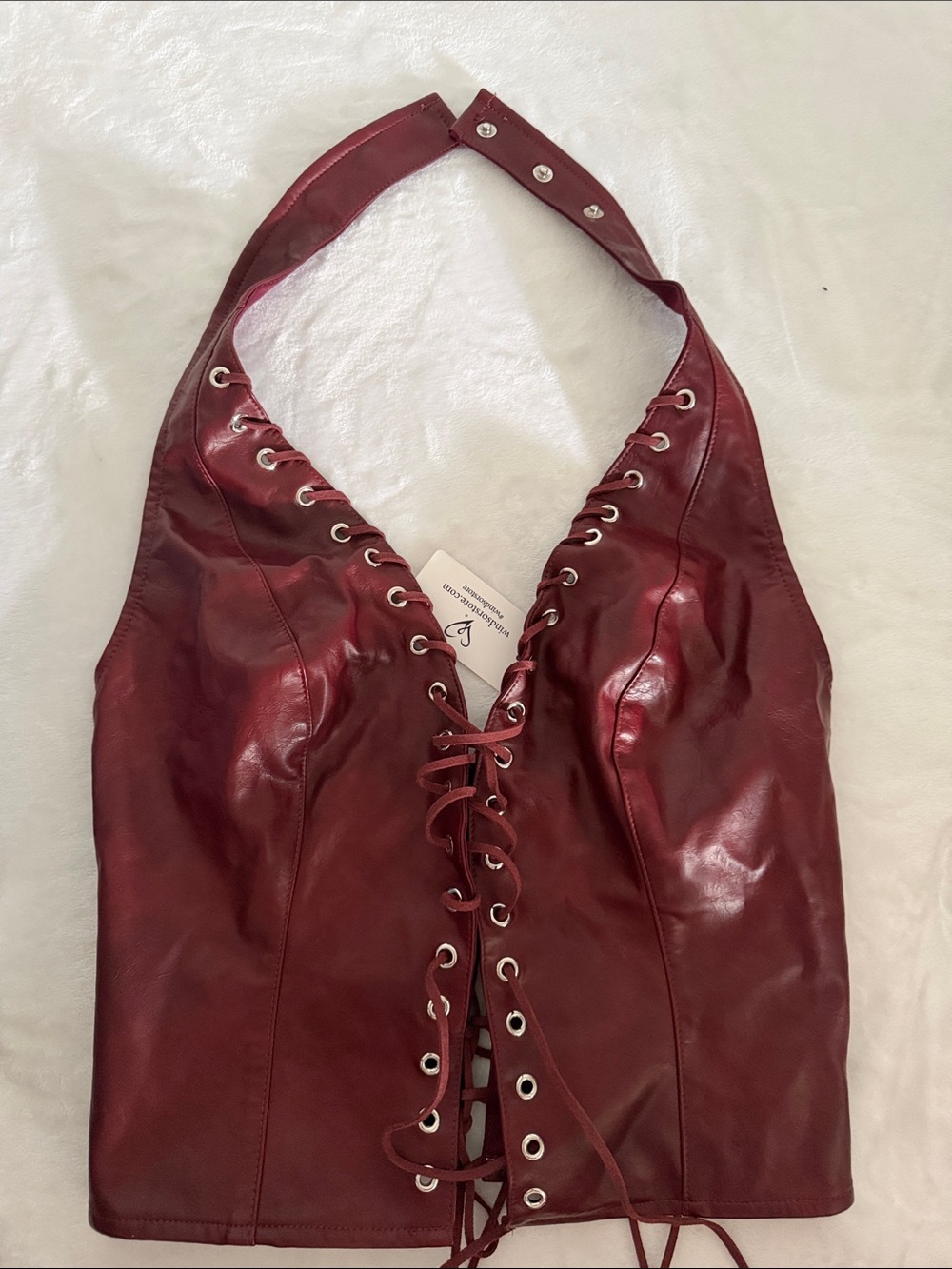 Windsor Wine Red Faux Leather Lace-Up Halter Tank